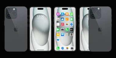 Yeni siyah Iphone 15, promax. Gri Elma inc. ios 17 ile akıllı telefon. Kilitli ekran, telefon navigasyon sayfası, 47 popüler uygulamalı ana sayfa. Resmi sunum. Yazı.