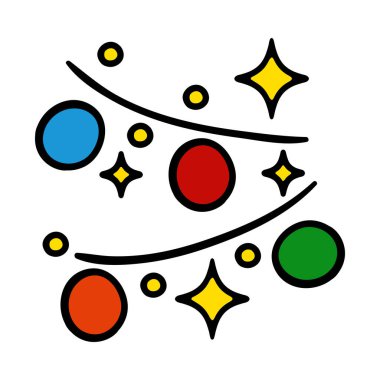 Topları, yıldızları ve ışıkları olan çelenkler. Dekorasyon, dekorasyon, Noel, yeni yıl arifesi, 25 Aralık, kış, tatil atmosferi, kutlama, aile kutlaması, gelenekler. Renkli simge