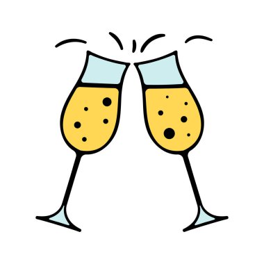 Şampanya bardakları. Tıkırtı, kadeh kaldırma. Dekorasyon, dekorasyon, Noel, yeni yıl arifesi, 25 Aralık, kış, tatil atmosferi, kutlama, aile kutlaması, gelenekler. Renkli simge