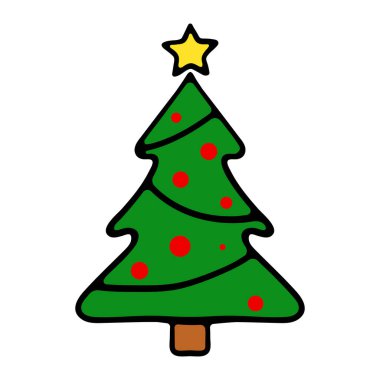 Yıldızlı ve kırmızı taşaklı Noel ağacı. Dekorasyon, dekorasyon, yeni yıl arifesi, 25 Aralık, kış, tatil atmosferi, kutlama, aile kutlaması, gelenekler. Renkli simge