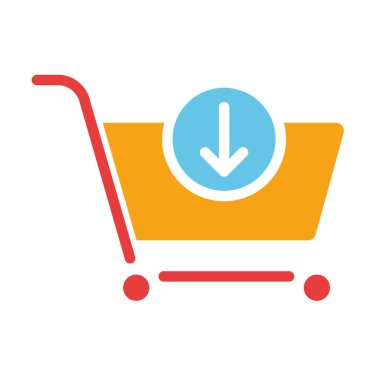 Aşağı ok ile alışveriş arabası. Çevrimiçi satın alma, alışveriş arabasına, siparişe, kuryeye, eve teslimata, çevrimiçi alışverişe, alıcıya, müşteriye, web sitesine ekle. Beyaz arkaplanda renkli simge