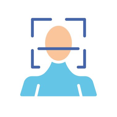 Adam tarayıcının altında. Biyometrik veriler, biyometrik veriler, tanımlama, yüz tanımlama, kişisel veriler, tanımlama, tarama, bilgi koruma, güvenlik sistemi. Beyaz arkaplanda renkli simge