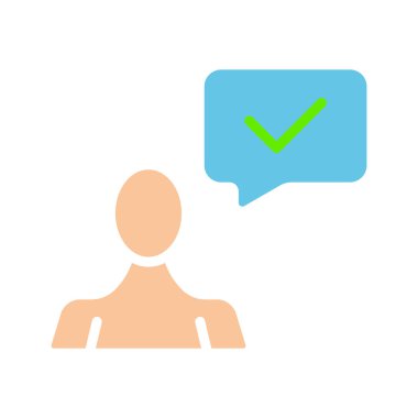 Konuşma baloncuğunun içindeki işaretli adam. Onaylandı, onaylandı, kabul edildi, iletişim, yazışmalar, iş görüşmesi, mesaj, e-posta, mesaj. Beyaz arkaplanda renkli simge