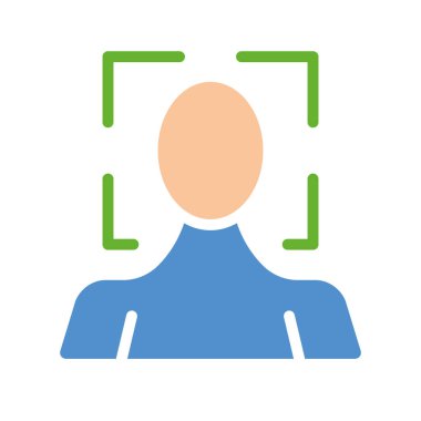 Tarayıcı çerçeveli bir adam. Biyometri, biyometri, kişisel veriler, kimlik doğrulama, kimlik doğrulama, tanıma, parmak izi, DNA, güvenlik kontrolü, yüz. Beyaz arkaplanda renkli simge