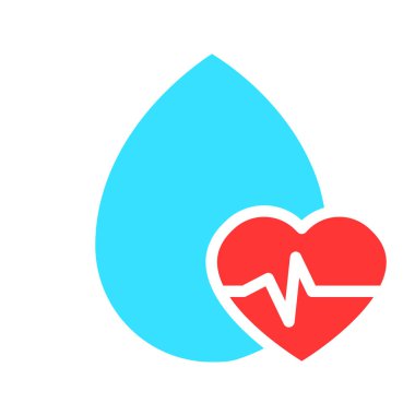 Kalpli bir su damlası. Kardiyoloji, ritim, kalp atışı, nabız, ölçüm, muayene, tedavi, miyokardiyal enfarktüs, atak, biyometrik veri, doygunluk. Beyaz arkaplanda renkli simge