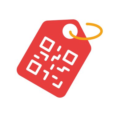 QR kodlu etiket. Etiket, indirim, fiyat, alışveriş, mağaza, promosyon kodu, satış, mağaza, satış, satış, satın alma, şifrelenmiş bilgi, veri. Beyaz arkaplanda renkli simge