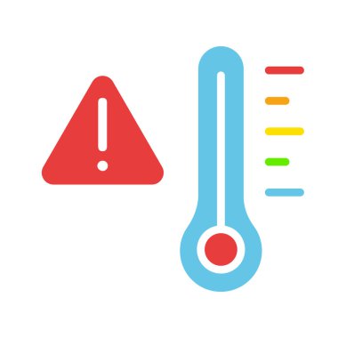 Tehlike uyarısı olan termometre. Celsius, Fahrenheit, Kelvin, aşırı sıcak ya da soğuk, ateş, grip, akut enfeksiyon, hava tahmini, iklim, anormallik. Beyaz arkaplanda renkli simge