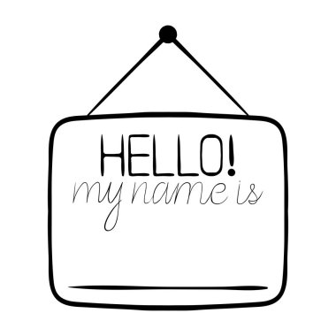 Üzerinde yazıt simgesi olan bir rozetim var. Merhaba benim adım, okul, satıcı, yazıt, görevli memur, yönetici, personel. İş ve reklam için vektör simgesi
