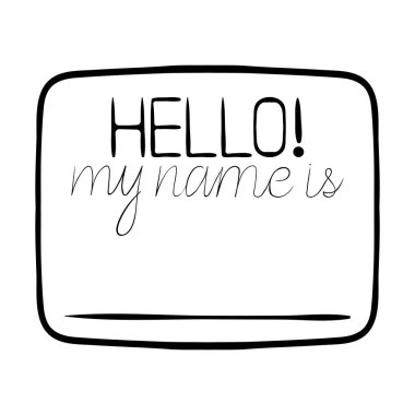 Üstü yazılı simgesi olan şeffaf bir rozet. Merhaba benim adım, okul, satıcı, yazıt, görevli memur, yönetici, personel. İş ve reklam için vektör simgesi