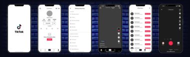 Tiktok. Tik tok mobil uygulama arayüzü Apple Iphone modelleme şablonu. Model sayfa şablonu. Ana sayfa, yükleme, tavsiyeler, abonelik, profil. Akım, hikayeler, sevilen, ekran görüntüsü. Yazı