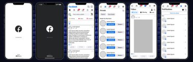 Facebook design. Screen social media, social network interface template. Homepage, recommendations, subscriptions, communication. Screenshots from iPhone. Gradient background. Editorial illustration