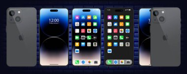 Yeni siyah Iphone 15, promax. Gri Elma inc. ios 17 ile akıllı telefon. Kilitli ekran, telefon navigasyon sayfası, 47 popüler uygulamalı ana sayfa. Resmi sunum. Yazı.