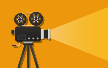 Sarı arkaplan illüstrasyonunda film kamerasını açtı. Video, çekim, fotoğraf, lens, yönetmen, aksiyon filmi, kameraman. İş ve reklam için vektör simgesi