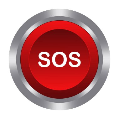Metal tabanlı SOS kırmızı düğmesi. İt, bas, kontrol et, manipülasyon, anahtar, düğme. İmdat çağrısı, yardım, kaydetme, dikkat, acil durum uyarısı kaza, doktor, ilk yardım, tehlike. Vektör illüstrasyonu