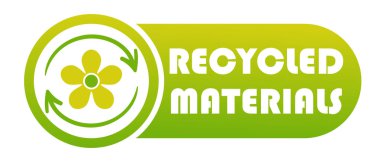 Geri dönüştürülmüş Malzeme afişi. İş, reklam, duyuru, terfi, logo tasarımı. Ürün bileşimi, güvenli, vegan, çevre dostu, plastik, sıfır atık, çiçek, geri dönüşümlü. Vektör illüstrasyonu