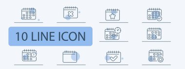 Takvim simgesi ayarlandı. Tik, tak, önemli gün, tatil, hafta sonu, hatırlatma. 10 satır simgesi tarzı. İş ve reklam için vektör satırı simgesi