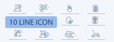 Biyometrik simge seti. Vücut, yüz, parmak, retina, kan testi. 10 satır simgesi tarzı. İş ve reklam için vektör satırı simgesi