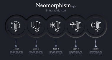 Termometre simgesi ayarlandı. Şemsiye, güneş, kar tanesi, sıcaklık, Fahrenheit, Celsius. Neomorfizm tarzı. İş ve reklam için vektör satırı simgesi