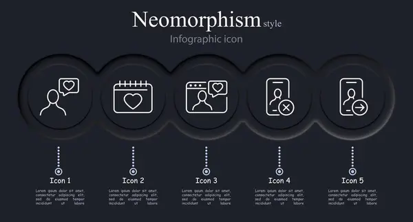 Ikona Datování Webu Nastavena Srdce Kalendář Smartphone Cross Swipe Neomorfismus — Stockový vektor
