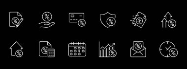 Banka simgesi seti. Saatler, faiz, kredi, kredi, posta, faturalar, program, dosya. Siyah arkaplanda beyaz çizgi simgesi. İş ve reklam için vektör satırı simgesi