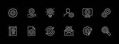 Vites simgesi ayarlandı. Ayarlar, ampul, büyüteç, kalem, bozukluk, kişiselleştirme, kitap, talimatlar. Siyah arkaplanda beyaz çizgi simgesi. İş ve reklam için vektör satırı simgesi