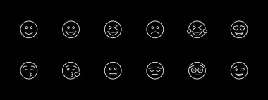 Emoji simgesi seti. Göz kırp, şaşırt, gözlerini aç, öpücük at, gülümse, mutluluk. Siyah arkaplanda beyaz çizgi simgesi. İş ve reklam için vektör satırı simgesi