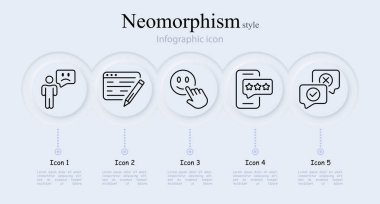 Geribildirim çizgisi simgesi ayarlandı. Kötü eleştiri, değerlendirme, başvuru, yorum, emoji, web sitesi, telefon. Neomorfizm tarzı. İş için vektör satırı simgesi