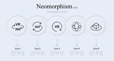Sanal gerçeklik çizgisi simgesi seti. VR başlık, internet, 360 derece, teknoloji, hacim, üçüncü alan, bilgisayar oyunları. Neomorfizm tarzı. İş için vektör satırı simgesi