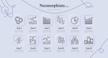 Grafik çizgisi simgesi seti. Çalışma, fonksiyon, plan, çizim, diyagram, grafik, geometri, diyagram, tablo. Neomorfizm tarzı. İş için vektör satırı simgesi