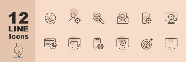 Reklam simgesi seti. Akıllı telefon, gezegen, büyüteç, arama, hedef kitle, internet. Pastel renk arkaplanı. İş için vektör satırı simgesi