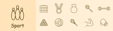 Spor seti ikonu. Skittles, bowling, takvim, madalya, ağırlık, raket, tenis, halter, cop, bilardo, voleybol, kaslar, boks eldiveni, hobi. Sağlıklı yaşam tarzı kavramı.