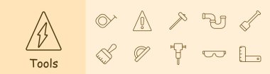Araçlar simgeyi ayarlar. Mezura, tehlike işareti, balyoz, boru, tesisat tesisatı, süpürge, kürek, fırça, cetvel, ölçü, çekiç, gözlük, ağır ekipman, kömür cetvel. Aygıt konsepti.