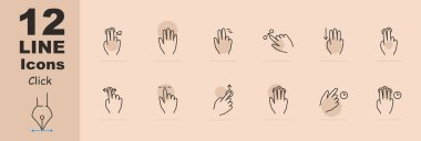 Tıklamalar simgeyi ayarlar. Çift tıklama, avuç içi, el, sürtünme, nesneyi hareket ettir, üç parmakla aşağı kaydır, tut, yukarı taşı, üç parmakla tut, ertele. Jest konsepti.