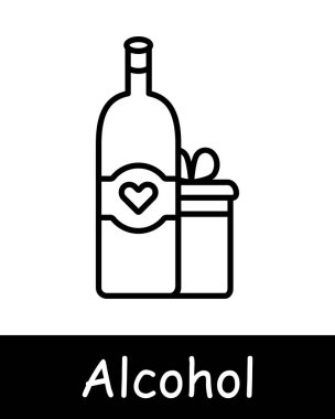 Alkol seti simgesi. Şişe, kalp, üzüm, fermantasyon, yaşlanma, kargaşa, endişe, doğal ürünler, şarap garsonu, içki, tatma, içki aşkı, beyaz arka planda siyah çizgiler. Şarap işi konsepti.
