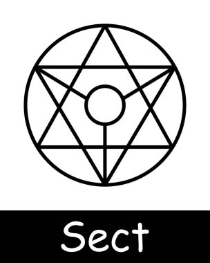 Mezhep seti simgesi. Pentagram, Baphomet mührü, kurbanlar, Şeytan, 666, mistisizm, paranormal, inanç, ters haç, ibadet, ikna, beyaz arka planda siyah çizgiler. Tarikat konsepti.