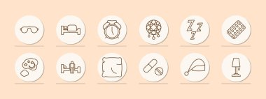 Rüya kümesi simgesi. Uyku, dinlenme, yatak, alarmlı saat, düş kapanı, Z, horlama, melatonin, yastık, tablet, hap, uyku kepi, lamba, doss 'taki adam. Uyku konsepti.
