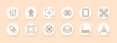 Ofis simgesi. Sürgüler, ayarlar, insan silueti, tarayıcı, çapraz, göz, kimlik, retina tarayıcı, tablet, kuadkopter, dron, dairelerin kesişmesi, katmanlar, yönlendirici, nesne. Modern teknoloji kavramı.