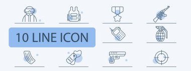 Savaş ikonu. El, tabanca, makineli tüfek, otomatik tüfek, şarjör, tüfek şarjörü, görüş, el bombası, madalya, telsiz, etiket, askeri, paralı asker, operatör, modern savaş. Silah konsepti.