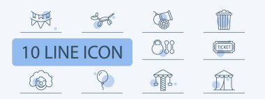 Sirk ikonu. Sihirli değnek, silindir şapka, tavşan kulağı, patlamış mısır, palyaço, makyaj, peruk, kırmızı burun, çadır, bilet, top, ağırlık, dambıl, eğlence gezisi, balon. Sunum konsepti.