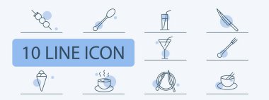 Restoran seti simgesi. Cloche, şef bıçağı, dondurma, erişte kasesi, yemek çubuğu, çatal, kokteyl bardağı, şarap bardağı, ana yemek, çorba, sıcak tabak, çatal bıçak, dango. Gurme yemek konsepti.