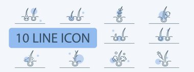 Saç seti ikonu. Kesim, krem, şampuan, trikoloji, nemlendirici, parlatıcı, cilt kaşıntısı, hacim, saç kremi, beslenme, güçlendirme, kırık uçlar, salon prosedürleri, kırılganlık. Saç bakımı konsepti.