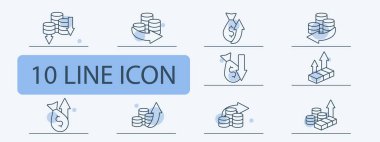 Para set simgesi. Bozuk paralar, oklar, karlar, kayıplar, finansal döngü, depozito, yatırım, artan kâr, külçe, dolar, banka havalesi, büyük miktarda para. Para konseptiyle çalışmak.