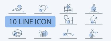 Başlangıç simgesi seti. Hoparlör, büyüteç, istatistik, grafikler, roket, yüzde, diyagram, hedefe giden yol, strateji, tasarruf, bulmaca, görev, tam hedefin üzerinde. Ticari proje kavramı.