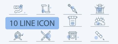 Japonya simge belirledi. Bayrak, ülke, ada, harita, yay, tapınak, Japon mimarisi, üfleme borusu, kunai, gong, Newton sarkaçı, el yazması, katanalar, çapraz kılıçlar, shuriken. Japon estetik konsepti.