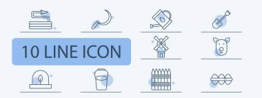 Köy seti simgesi. Hortum, doğa, filiz, spatula, kubbe, hatıra, yumurta, doğa koruma, domuz, sulama kutusu, su, su, değirmen, kova, çit, bal peteği, bal, bal. Kırsal kavram.