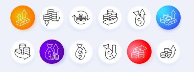 Para aktarım simgesi. Sikkeler, gelir, oklar, kâr, kayıplar, mali döngü, mevduat, yatırım, artan kar, altın, külçe, dolar, banka transferi, ödeme, kayıplar, maliyet, harcamalar.