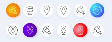 GPS ayarlı simge. İşaretçi, konum, ev, uydu, sinyal, pusula, kuzey, güney, doğu, batı, oryantasyon, arama alanı, rota, konum, navigasyon, yol işareti, yasaklama, seyahat, harita.