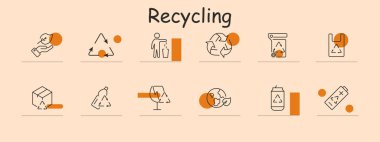 Geri dönüşüm simgesi. Yapraklı el, üçgen, çöp kutusu, oklu insan, plastik şişe, karton kutu, cam, küre, kutu, pil. Çevre, sürdürülebilirlik, atık yönetimi.