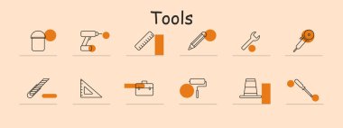 Araçlar simgeyi ayarlar. Alet çantası, matkap, cetvel, kalem, ingiliz anahtarı, tornavida, kesici, kare, alet çantası, silindir, trafik konisi, pense. İnşaat, tamirci, DIY konsepti.