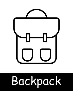 Sırt çantası çizgisi simgesi. Okul çantası, seyahat takımı, yürüyüş, öğrenci aksesuarı, depolama, taşıma, sırt çantası, açık hava aktivitesi, konfor, taşınabilir.
